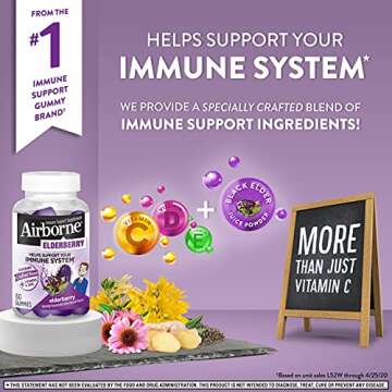 Airborne Elderberry + Zinc & Vitamin C Gummies For Adults, Immune Support Vitamin D & Zinc Gummies with Powerful Antioxidant Vitamins C D & E - 60 Gummies, Elderberry Flavor