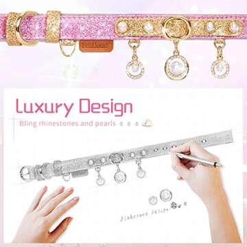 PetsHome Cat Collar, Dog Collar, Bling PU Leather Adjustable Pet Collar with Cute Pearls and Luxury Pendant for Cat and Small Dog Small Pink