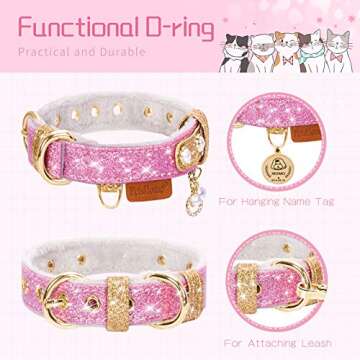 PetsHome Cat Collar, Dog Collar, Bling PU Leather Adjustable Pet Collar with Cute Pearls and Luxury Pendant for Cat and Small Dog Small Pink