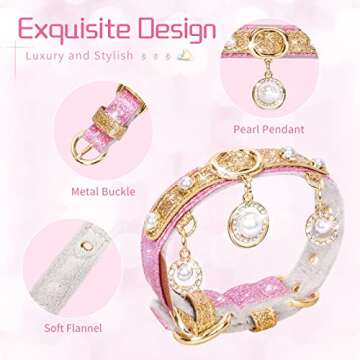 PetsHome Cat Collar, Dog Collar, Bling PU Leather Adjustable Pet Collar with Cute Pearls and Luxury Pendant for Cat and Small Dog Small Pink