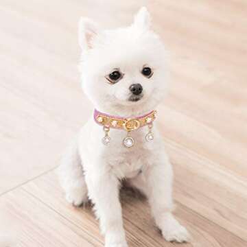 PetsHome Cat Collar, Dog Collar, Bling PU Leather Adjustable Pet Collar with Cute Pearls and Luxury Pendant for Cat and Small Dog Small Pink