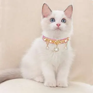 PetsHome Cat Collar, Dog Collar, Bling PU Leather Adjustable Pet Collar with Cute Pearls and Luxury Pendant for Cat and Small Dog Small Pink