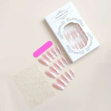 Gorgeous French Tips Press on Nails with Pearls 24 Pcs