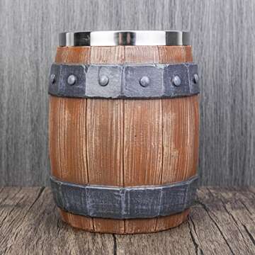 Viking Wood Barrel Beer Mug, Stainless Steel Liner Resin Tankard, Medieval Nordic Viking Style Wooden Rivet Leather Wooden Stein Beer Coffee Cola Juice Cup