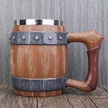 Viking Wood Barrel Beer Mug, Stainless Steel Liner Resin Tankard, Medieval Nordic Viking Style Wooden Rivet Leather Wooden Stein Beer Coffee Cola Juice Cup