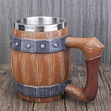 Viking Wood Barrel Beer Mug, Stainless Steel Liner Resin Tankard, Medieval Nordic Viking Style Wooden Rivet Leather Wooden Stein Beer Coffee Cola Juice Cup