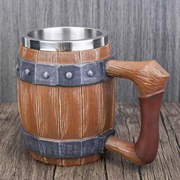Viking Wood Barrel Beer Mug, Stainless Steel Liner Resin Tankard, Medieval Nordic Viking Style Wooden Rivet Leather Wooden Stein Beer Coffee Cola Juice Cup