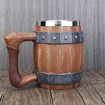 Viking Wood Barrel Beer Mug, Stainless Steel Liner Resin Tankard, Medieval Nordic Viking Style Wooden Rivet Leather Wooden Stein Beer Coffee Cola Juice Cup