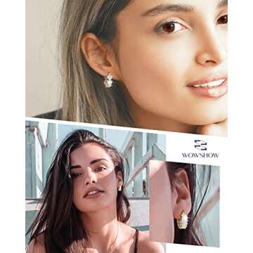 wowshow Gold Hoops Cubic Zirconia Gold Hoop Earrings for Women 925 Sterling Silver Post Chunky Huggie Earrings 16K Gold Plated Rectangle Cut Zirconia Hypoallergenic Mothers Day Gifts 20mm