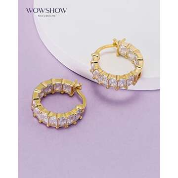 wowshow Gold Hoops Cubic Zirconia Gold Hoop Earrings for Women 925 Sterling Silver Post Chunky Huggie Earrings 16K Gold Plated Rectangle Cut Zirconia Hypoallergenic Mothers Day Gifts 20mm