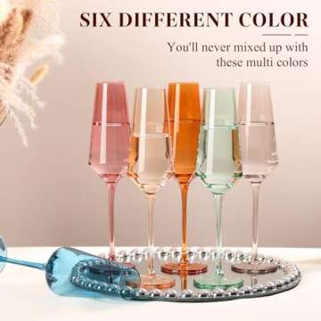 TrophyToast Colored Champagne Flutes Set of 6, Large 8 Oz【Hand Blown】 Crystal Wine Glasses, Lead...