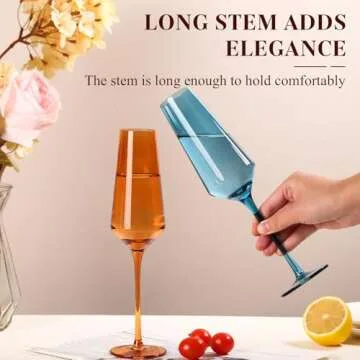 TrophyToast Colored Champagne Flutes Set of 6, Large 8 Oz【Hand Blown】 Crystal Wine Glasses, Lead-Free Colored Wine Glasses Set - Great for All Occasions and Gifts