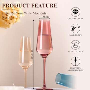 TrophyToast Colored Champagne Flutes Set of 6, Large 8 Oz【Hand Blown】 Crystal Wine Glasses, Lead-Free Colored Wine Glasses Set - Great for All Occasions and Gifts