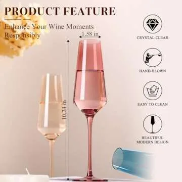 TrophyToast Colored Champagne Flutes Set of 6, Large 8 Oz【Hand Blown】 Crystal Wine Glasses, Lead-Free Colored Wine Glasses Set - Great for All Occasions and Gifts