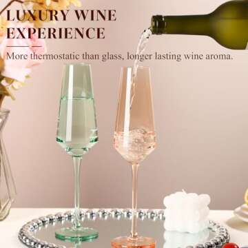 TrophyToast Colored Champagne Flutes Set of 6, Large 8 Oz【Hand Blown】 Crystal Wine Glasses, Lead-Free Colored Wine Glasses Set - Great for All Occasions and Gifts