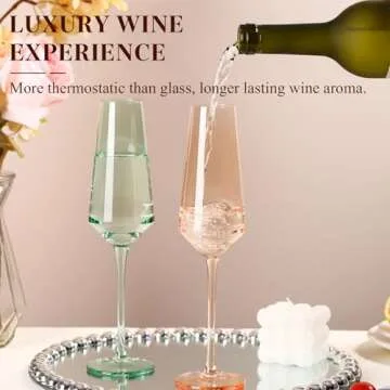 TrophyToast Colored Champagne Flutes Set of 6, Large 8 Oz【Hand Blown】 Crystal Wine Glasses, Lead-Free Colored Wine Glasses Set - Great for All Occasions and Gifts