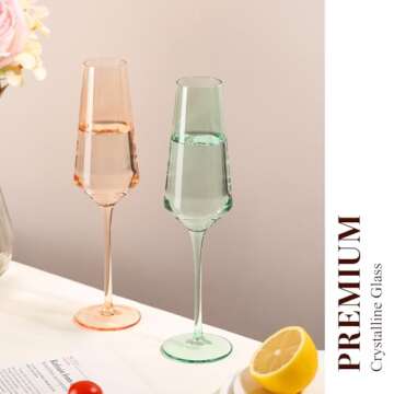 TrophyToast Colored Champagne Flutes Set of 6, Large 8 Oz【Hand Blown】 Crystal Wine Glasses, Lead-Free Colored Wine Glasses Set - Great for All Occasions and Gifts