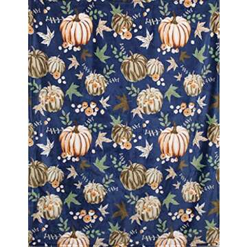 Fall Pumpkin Throw Blanket: Soft Orange White Pumpkins Leaves and Berries on Blue Background for Living Room Couch Bed Chair or Dorm