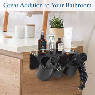 J JACKCUBE DESIGN Hair Dryer Holder Wall Mount Bathroom Vanity Hair Styling Care Tool Accessories 3 Cups Storage Organizer Caddy with Shelf Steel Black Gold- MK1002A (Black)