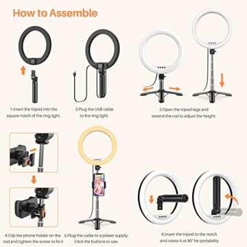 Portable Travel Selfie Ring Light - 10.2" Foldable & Extendable LED Desk Ring Light with Tripod Stand & Phone Holder, Circle Light Ring for Phone for Photography, Live Streaming, Photo, Zoom Meetings