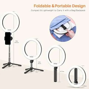 Portable Travel Selfie Ring Light - 10.2" Foldable & Extendable LED Desk Ring Light with Tripod Stand & Phone Holder, Circle Light Ring for Phone for Photography, Live Streaming, Photo, Zoom Meetings