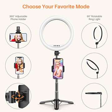 Portable Travel Selfie Ring Light - 10.2" Foldable & Extendable LED Desk Ring Light with Tripod Stand & Phone Holder, Circle Light Ring for Phone for Photography, Live Streaming, Photo, Zoom Meetings