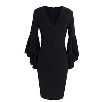 VFSHOW Womens Deep V Neck Ruffle Bell Sleeve Cocktail Party Sheath Pencil Dress 2281 BLK S