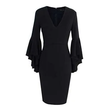 VFSHOW Womens Deep V Neck Ruffle Bell Sleeve Cocktail Party Sheath Pencil Dress 2281 BLK S