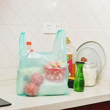 LazyMe T-Shirt Carry-Out Bags Plastic Grocery Bags with Handles Shopping Bags in Bulk Restaurant Bags, Standard Supermarket Size,12 x 20 inch (50 Pcs, Lake Blue)