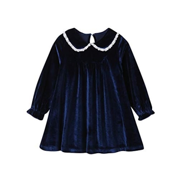 Mud Kingdom Toddler Girls Long Sleeve Velvet Dress Peter Pan Elastic Cuff Lace Navy 2T