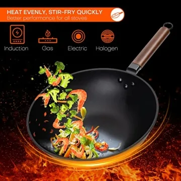 Eleulife Carbon Steel Wok - 13 Inch Nonstick Cooking Pan