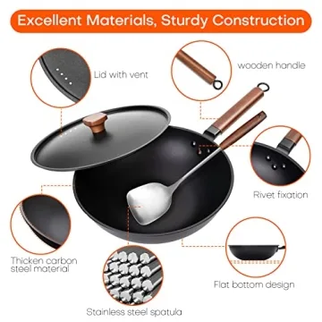 Eleulife Carbon Steel Wok - 13 Inch Nonstick Cooking Pan