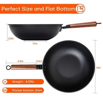 Eleulife Carbon Steel Wok - 13 Inch Nonstick Cooking Pan