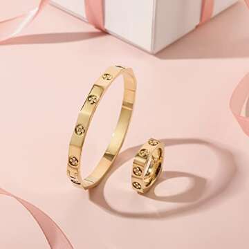 WISTIC Gold Bangle for Women Four Leaf Clover Polished Chunky Bracelets for MenStainless Steel Gold Plated Bangle Jewelry for Unisex adults Fashion Style.