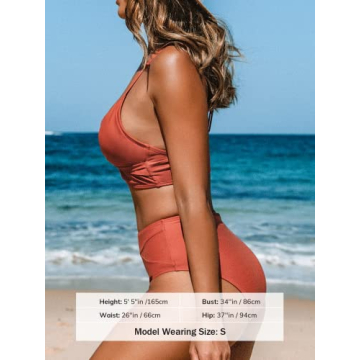 CUPSHE Women's Bikini Sets Two Piece Swimsuit High Waisted V Neck Twist Front Adjustable Spaghetti Straps Bathing Suit, XS Brick Red