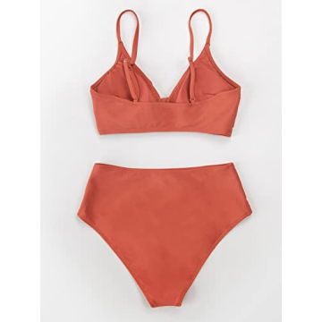 CUPSHE Women's Bikini Sets Two Piece Swimsuit High Waisted V Neck Twist Front Adjustable Spaghetti Straps Bathing Suit, XS Brick Red
