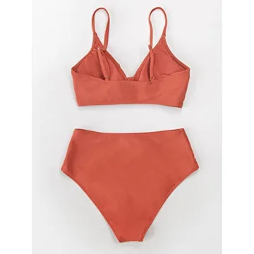 CUPSHE Women's Bikini Sets Two Piece Swimsuit High Waisted V Neck Twist Front Adjustable Spaghetti Straps Bathing Suit, XS Brick Red