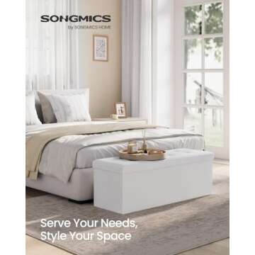 SONGMICS 43 Inches Folding Storage Ottoman Bench, Storage Chest, Footrest, Coffee Table, Padded Seat, Faux Leather, Holds up to 660 lb, White ULSF702