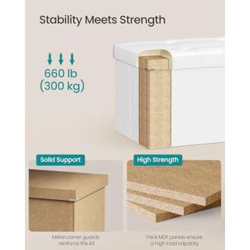 SONGMICS 43 Inches Folding Storage Ottoman Bench, Storage Chest, Footrest, Coffee Table, Padded Seat, Faux Leather, Holds up to 660 lb, White ULSF702
