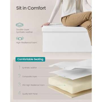 SONGMICS 43 Inches Folding Storage Ottoman Bench, Storage Chest, Footrest, Coffee Table, Padded Seat, Faux Leather, Holds up to 660 lb, White ULSF702