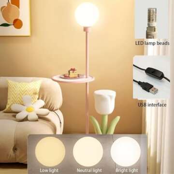 Flower Side Table, Creative End Table, Bedside Table with Adjustable Light, Funky Resin Coffee Table for Living Room, Bedroom, Patio(Pink)