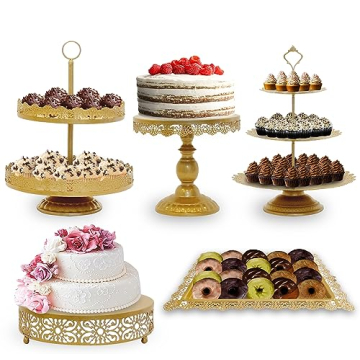 Tiered Cake Stand 5 Pc. Set with 3-Tier, 2-Tier, and Round Displays, Pedestal Dessert Stands, and Square Serving Tray Platter for Cupcakes, Pies, Cookies, Pastries, and Snacks