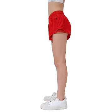 Aurefin Girls Athletic Shorts, Lightweight Running Shorts for Teen Girls Kids Sports Active Shorts with Zip Pocket and Elastic Red/L