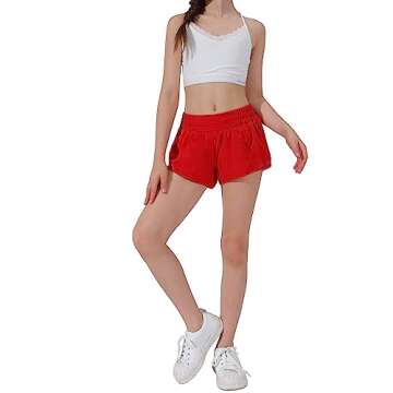Aurefin Girls Athletic Shorts, Lightweight Running Shorts for Teen Girls Kids Sports Active Shorts with Zip Pocket and Elastic Red/L