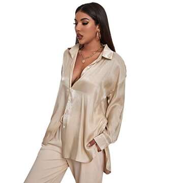 Drop Shoulder Oversize Long Sleeve Silk Button Down Shirt Blouse Top