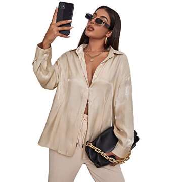 Drop Shoulder Oversize Long Sleeve Silk Button Down Shirt Blouse Top