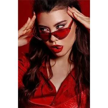 GIFIORE Retro Vintage Narrow Cat Eye Sunglasses for Women Clout Goggles Plastic Frame Glasses (Red)
