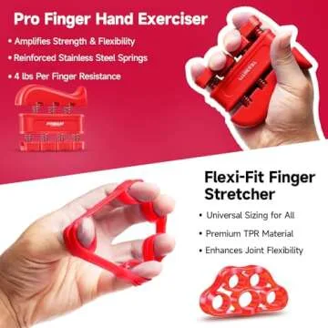 Hand Grip Strengthener Workout Kit (5 Pack) FitBeast Forearm Grip Adjustable Resistance Hand Gripper, Finger Exerciser, Finger Stretcher, Grip Ring & Stress Relief Grip Ball for Athletes (Red)