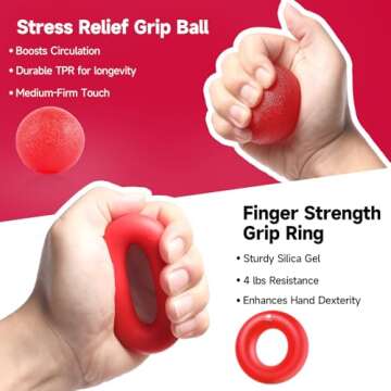 Hand Grip Strengthener Workout Kit (5 Pack) FitBeast Forearm Grip Adjustable Resistance Hand Gripper, Finger Exerciser, Finger Stretcher, Grip Ring & Stress Relief Grip Ball for Athletes (Red)