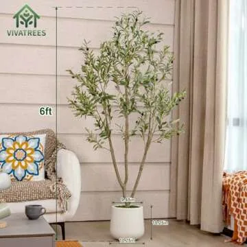 VIVATREES Olive Trees Artificial Indoor, 6FT Tall Faux Olive Tree with White Tall Planter, Artificia...